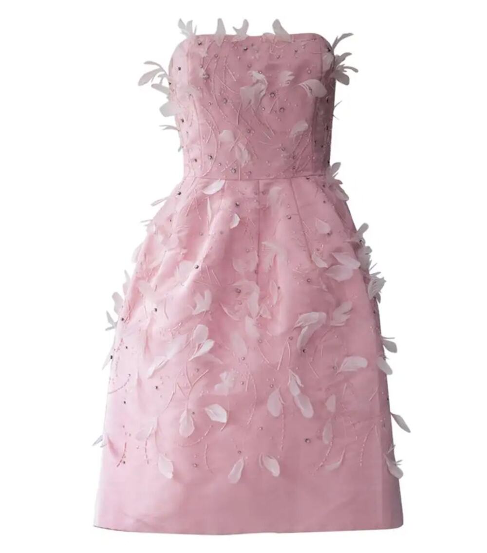 Oscar de la Renta Runway Women’s Strapless Feather Appliqué Cocktail Dress Pink